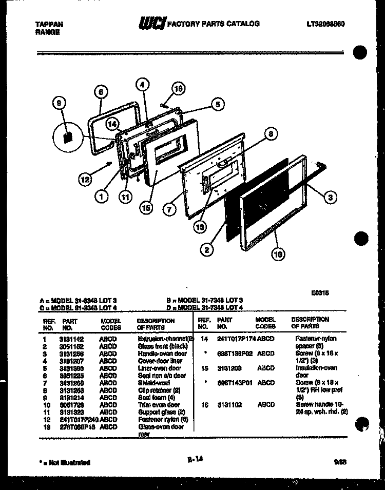 DOOR PARTS Diagram and Parts List for 31-3348-00-04  Tappan Range