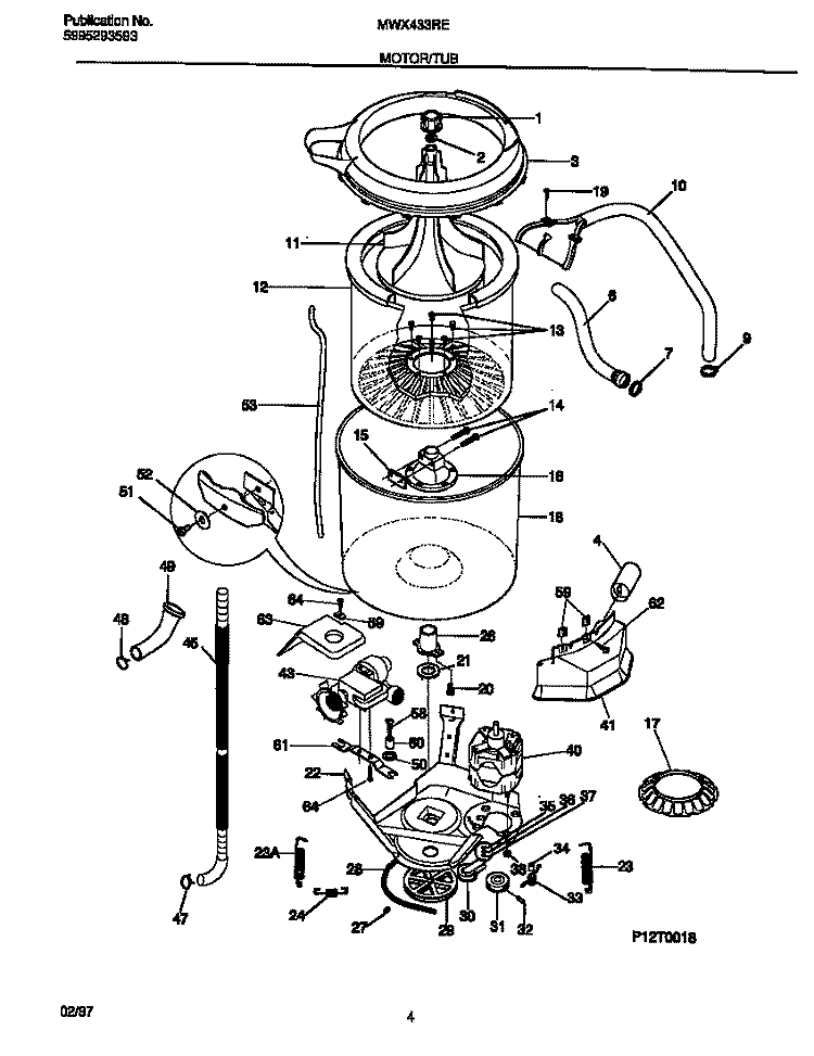 MOTOR / TUB Diagram and Parts List for MWX433RED1  Frigidaire Washer