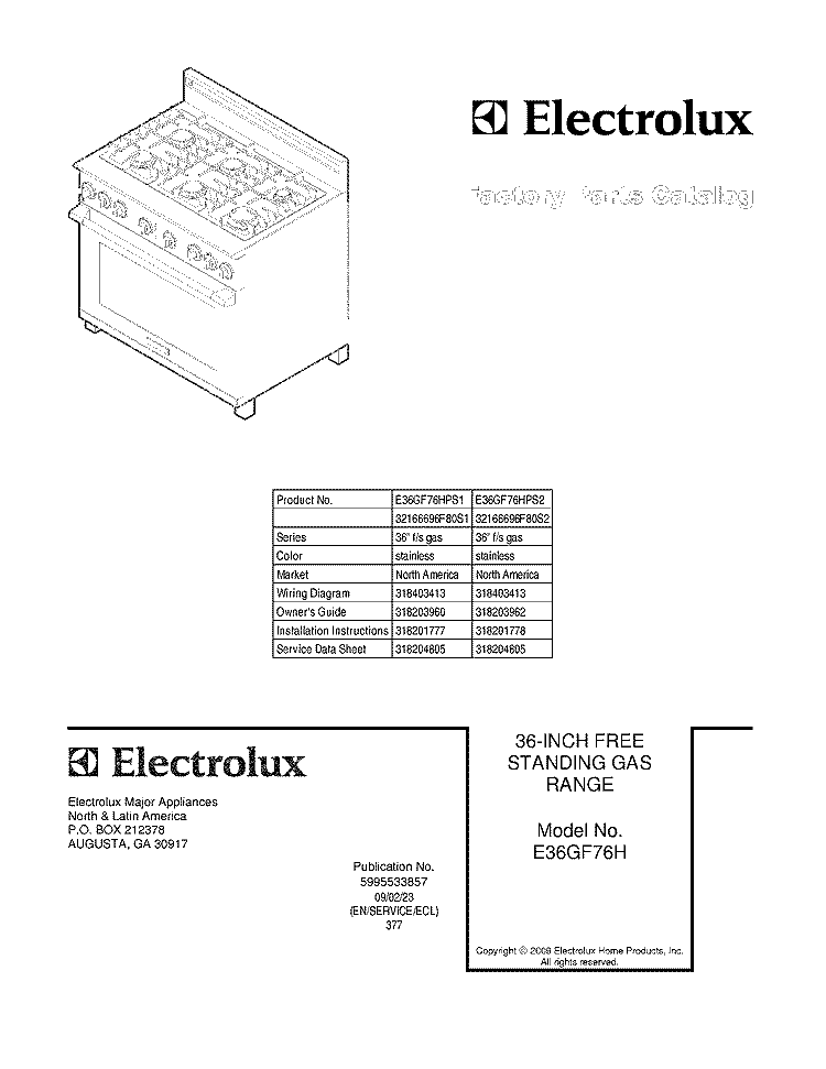 COVER Diagram and Parts List for E36GF76HPS2  Electrolux Range