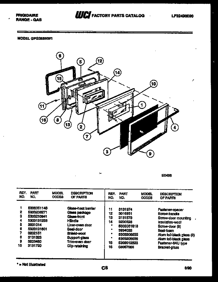 DOOR PARTS Diagram and Parts List for GPG38BNL1  Frigidaire Range