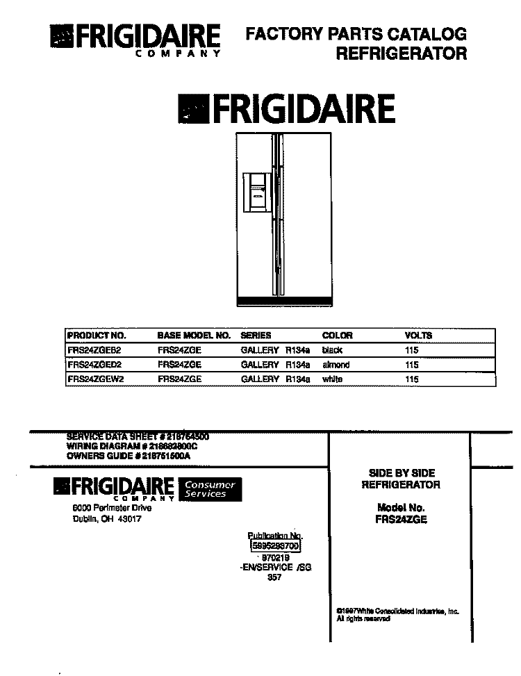 COVER Diagram and Parts List for FRS24ZGEW2  Frigidaire Refrigerator