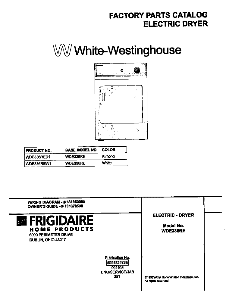 COVER Diagram and Parts List for WDE336RED1  Frigidaire Dryer