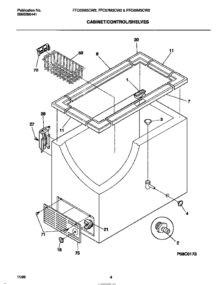 CABINET / CONTROL / SHELVES Diagram and Parts List for FFC09M5CW2  Frigidaire Freezer