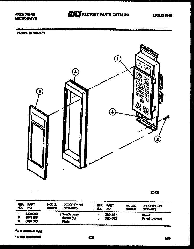 CONTROL PANEL Diagram and Parts List for MC1355L1  Frigidaire Microwave