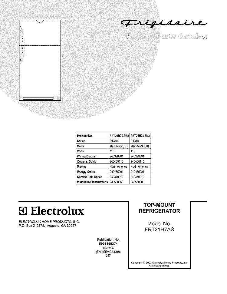 COVER Diagram and Parts List for FRT21H7ASB4  Frigidaire Refrigerator