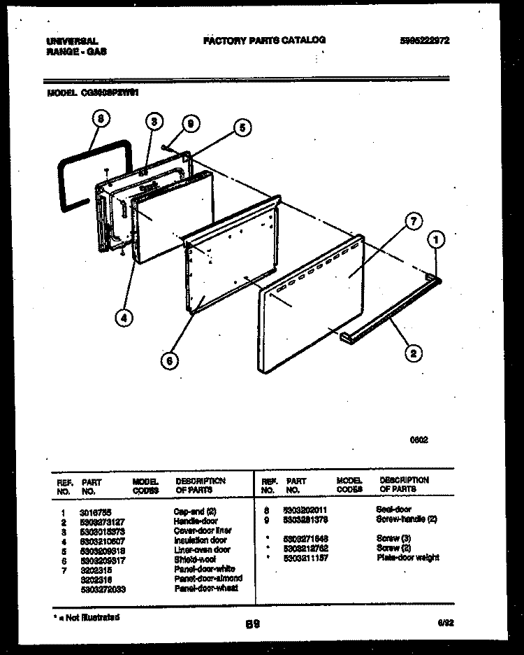 DOOR PARTS Diagram and Parts List for CG300SP2W1  Frigidaire Range