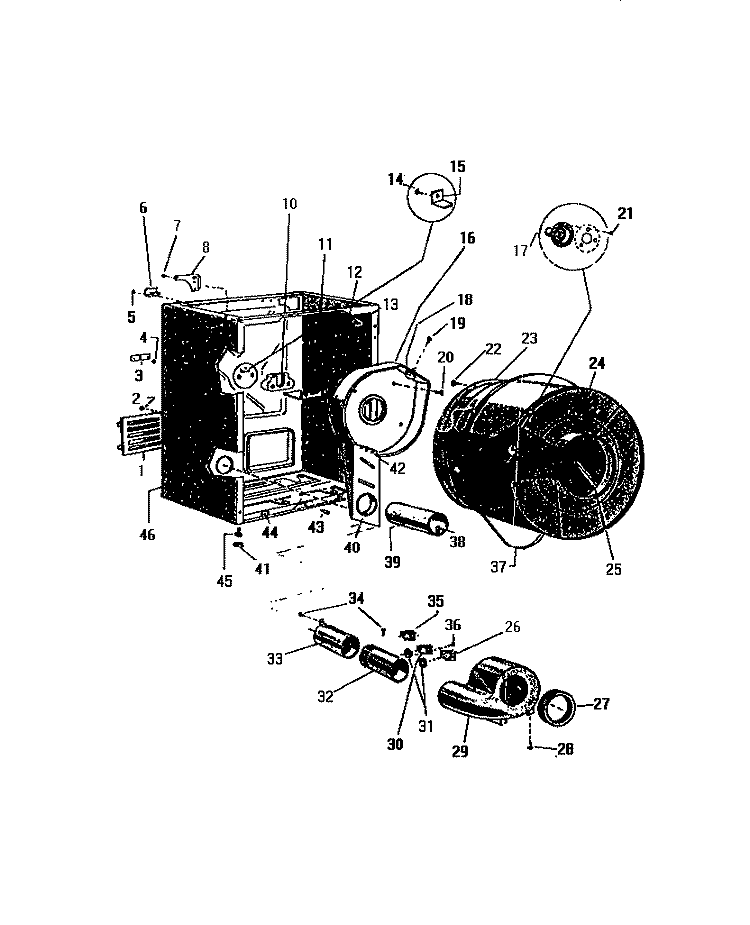 CABINET, DRUM, HEATER HOUSING Diagram and Parts List for DG700EXF1  Frigidaire Dryer