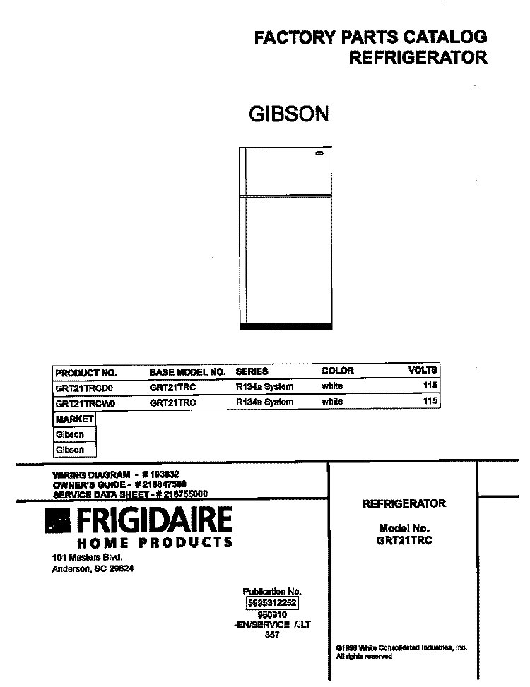 COVER Diagram and Parts List for GRT21TRCW0  Gibson Refrigerator