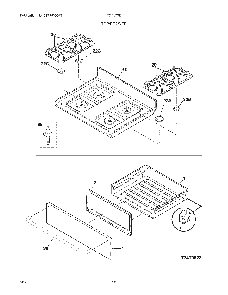 TOP / DRAWER Diagram and Parts List for FGFL79ECB  Frigidaire Range