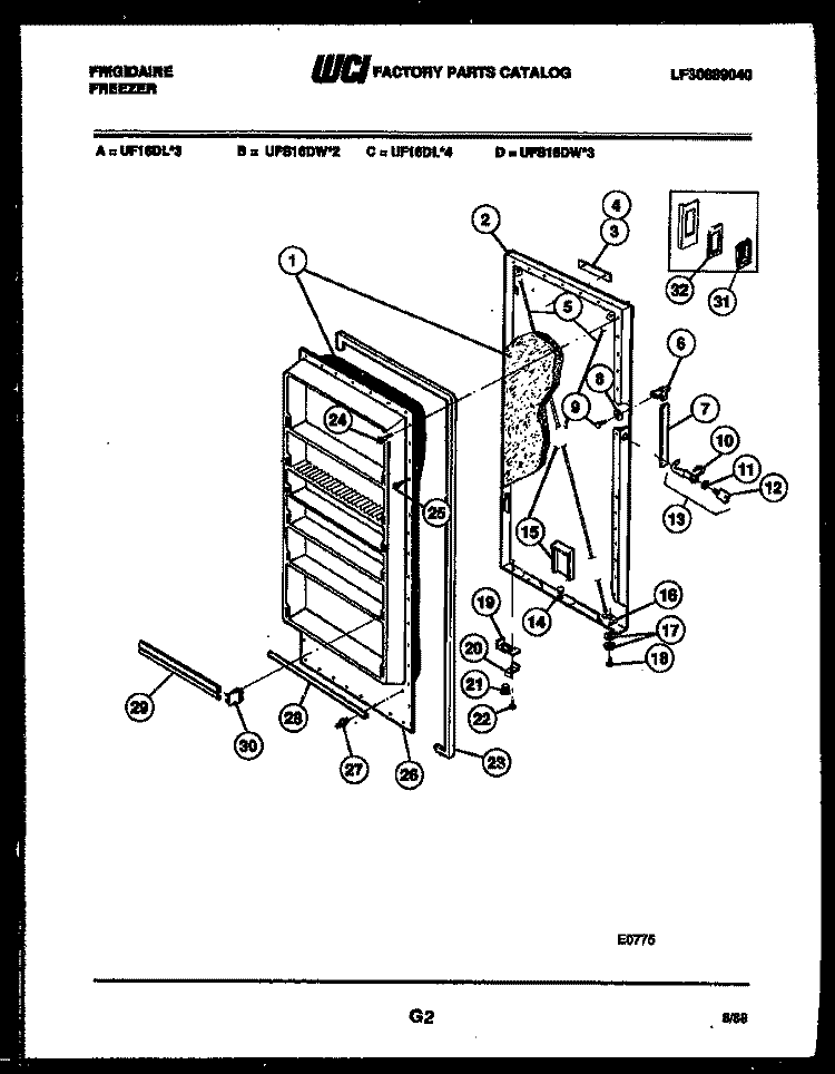 DOOR PARTS Diagram and Parts List for UF16DL3  Frigidaire Freezer