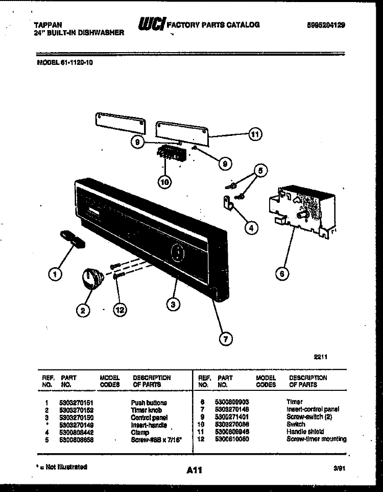 CONSOLE AND CONTROL PARTS Diagram and Parts List for 61-1120-00  Tappan Dishwasher