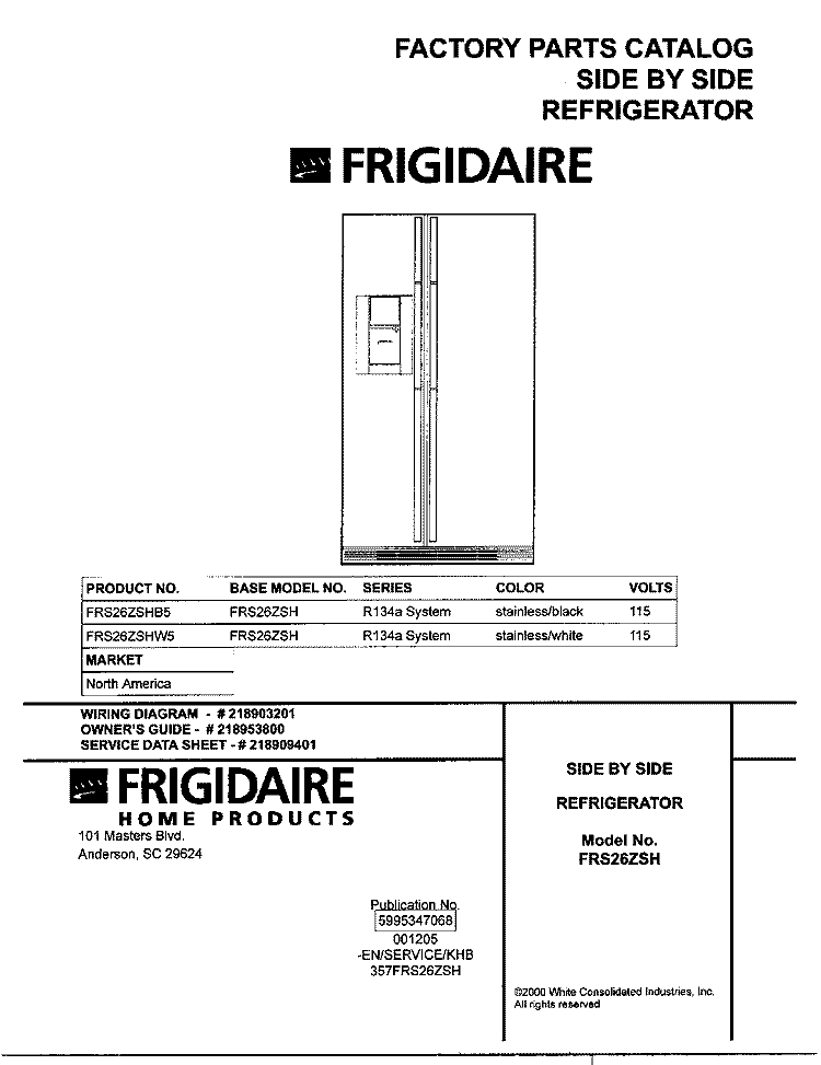 COVER Diagram and Parts List for FRS26ZSHB5  Frigidaire Refrigerator