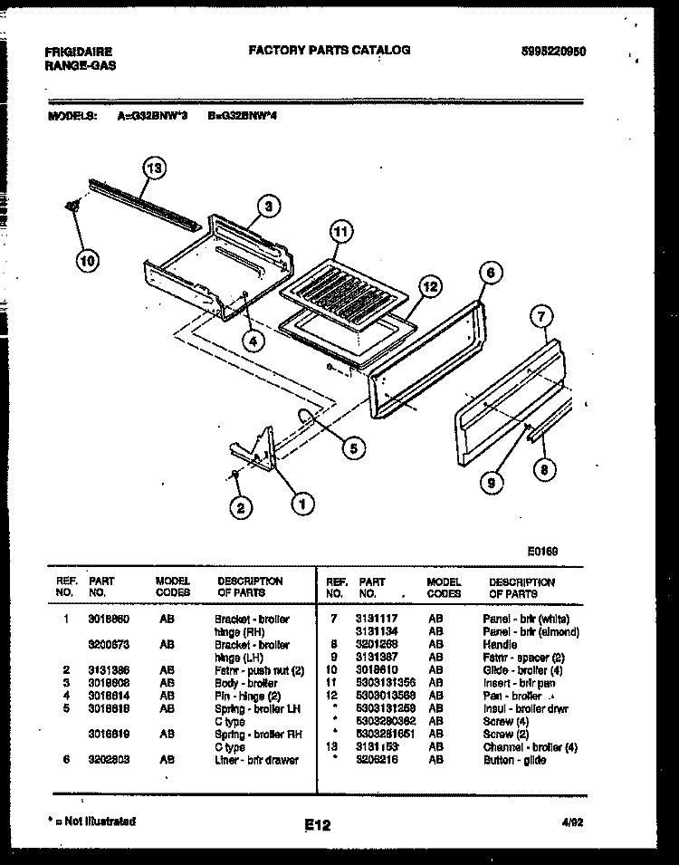 BROILER DRAWER PARTS Diagram and Parts List for G32BNW3  Frigidaire Range