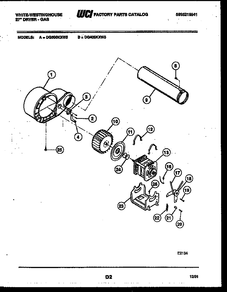 BLOWER AND DRIVE PARTS Diagram and Parts List for DG500KXD5  Frigidaire Dryer