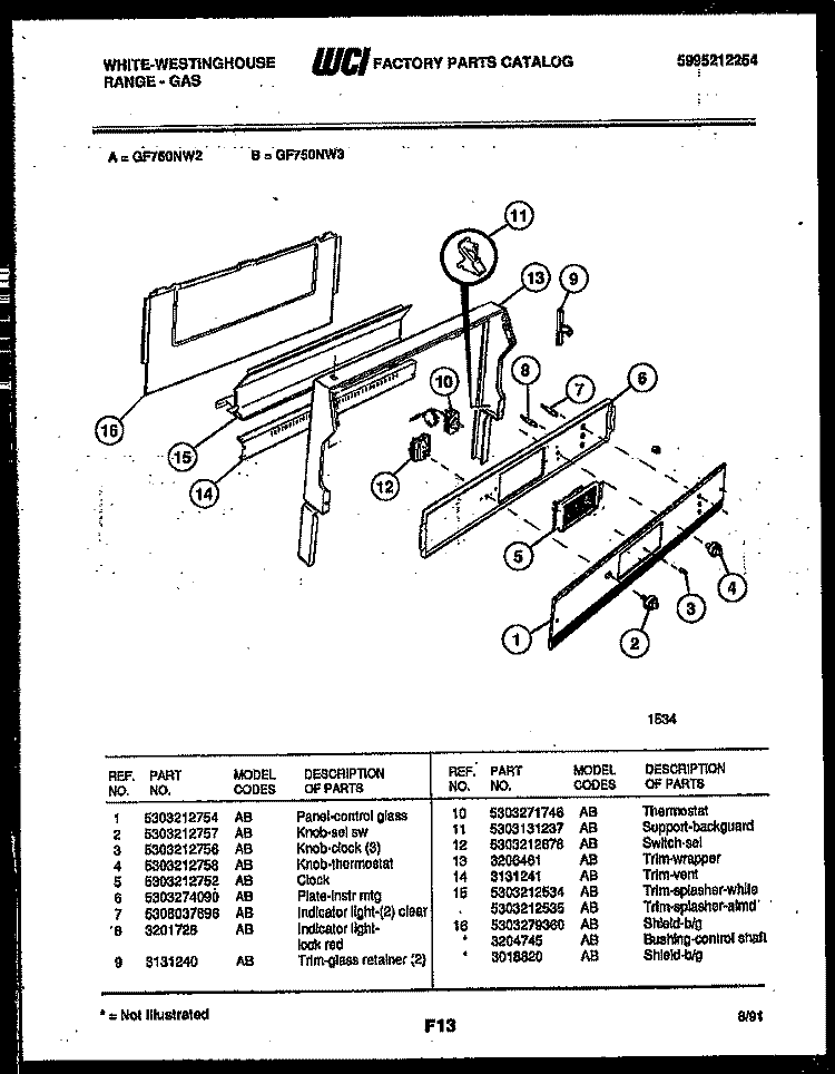 BACKGUARD Diagram and Parts List for GF750NW3  Frigidaire Range