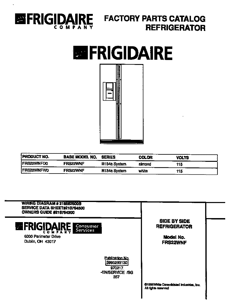COVER Diagram and Parts List for FRS22WNFD0  Frigidaire Refrigerator