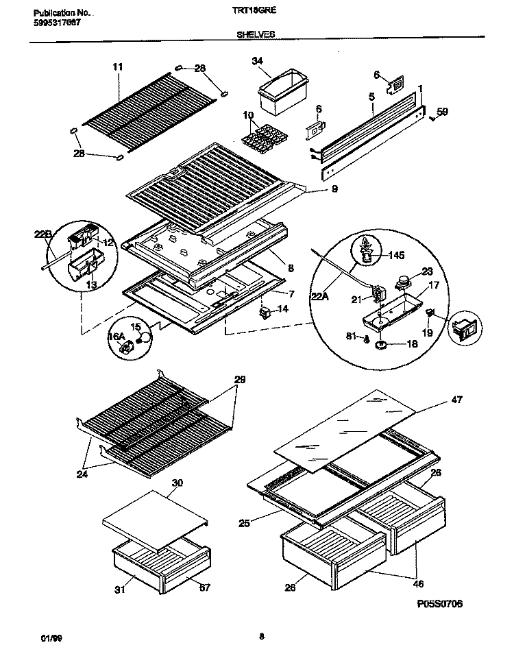 SHELVES Diagram and Parts List for TRT18GREW5  Frigidaire Refrigerator