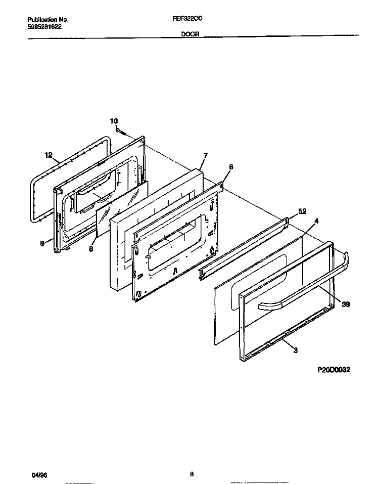 DOOR Diagram and Parts List for FEF322CCTD  Frigidaire Range