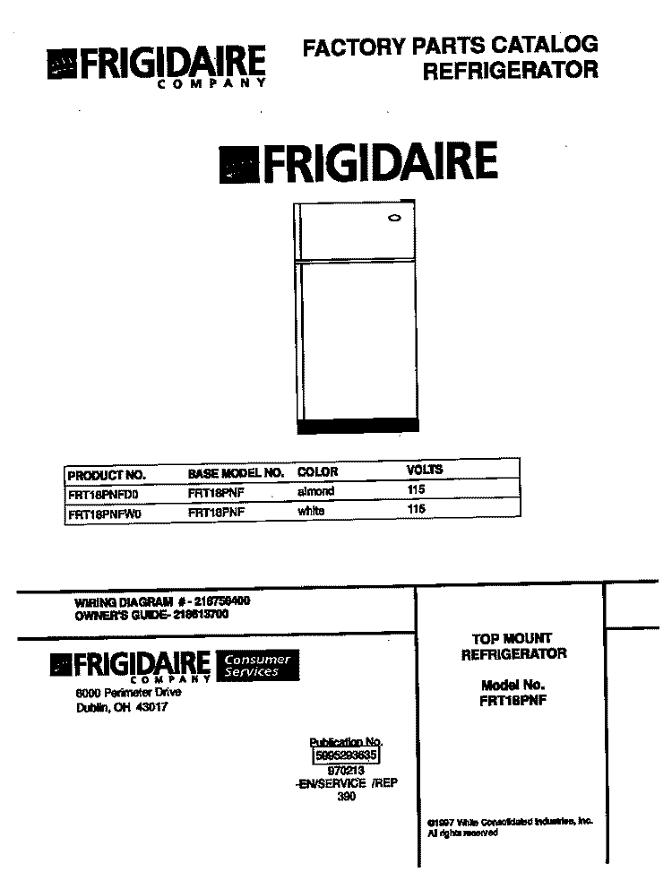 COVER Diagram and Parts List for FRT18PNFD0  Frigidaire Refrigerator