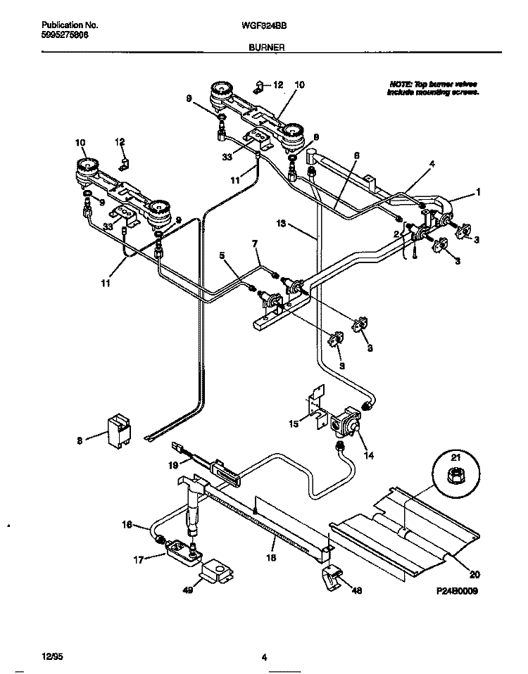 BURNER Diagram and Parts List for WGF324BBWB  Frigidaire Range