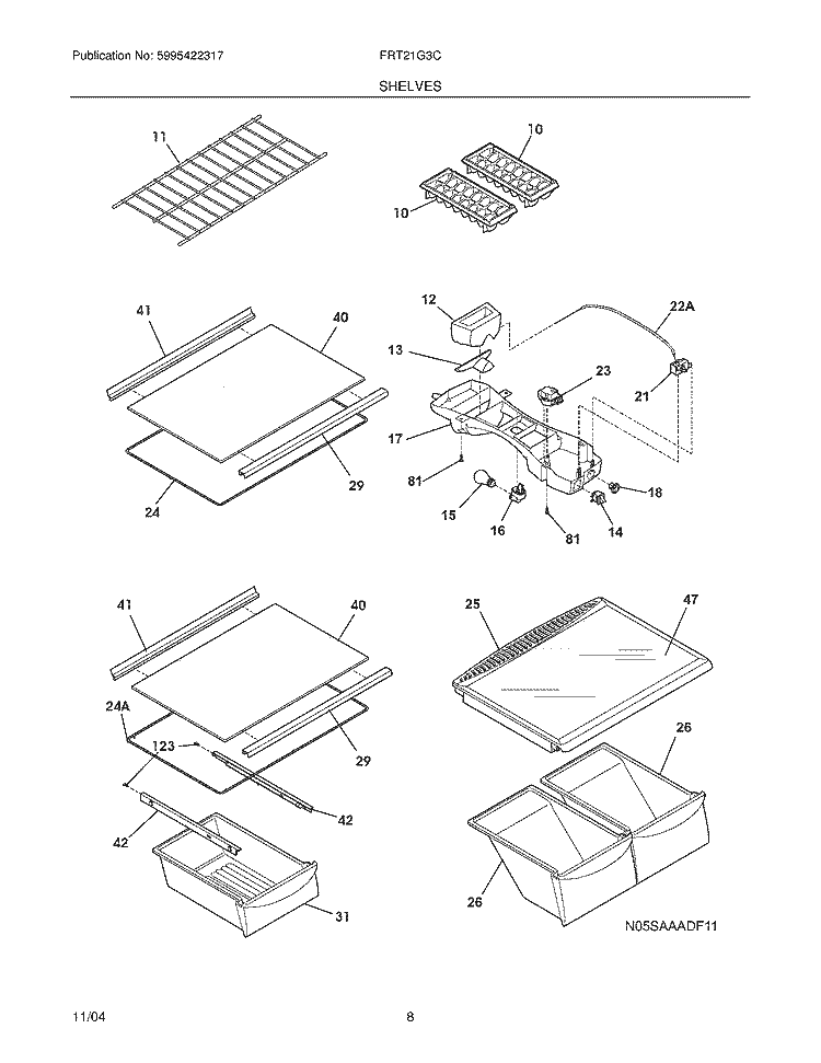 SHELVES Diagram and Parts List for FRT21G3CW8  Frigidaire Refrigerator