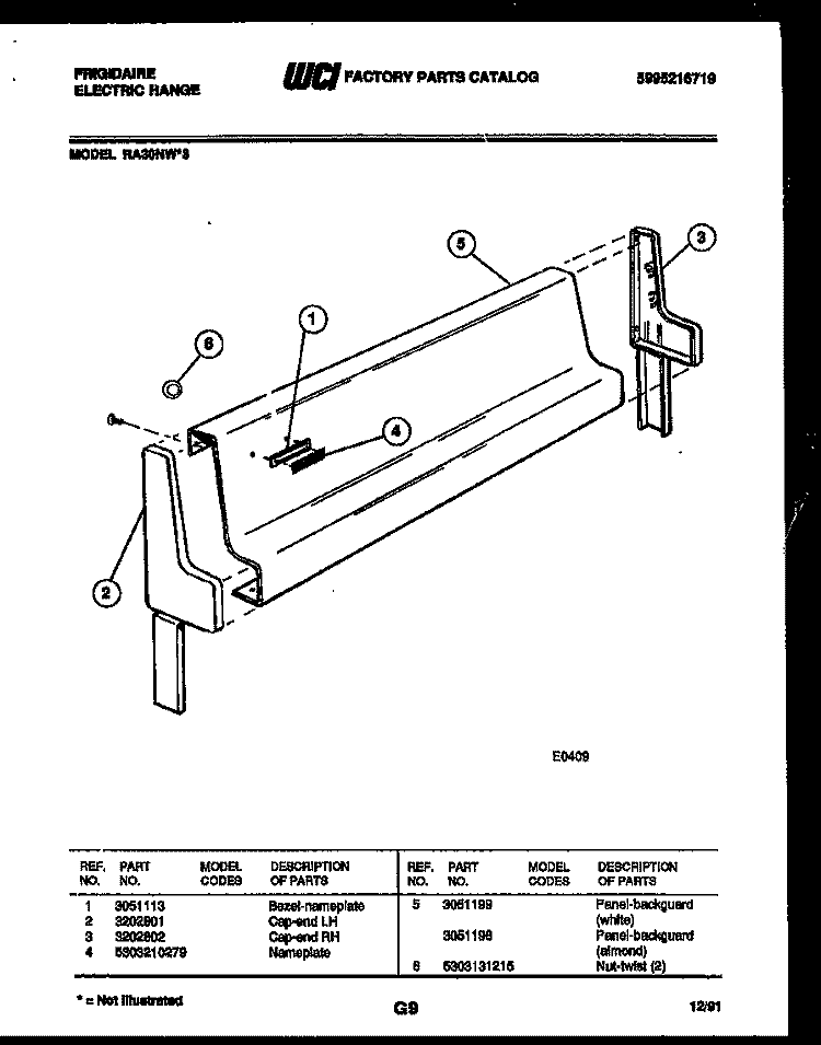 BACKGUARD Diagram and Parts List for RA30NL3  Frigidaire Range
