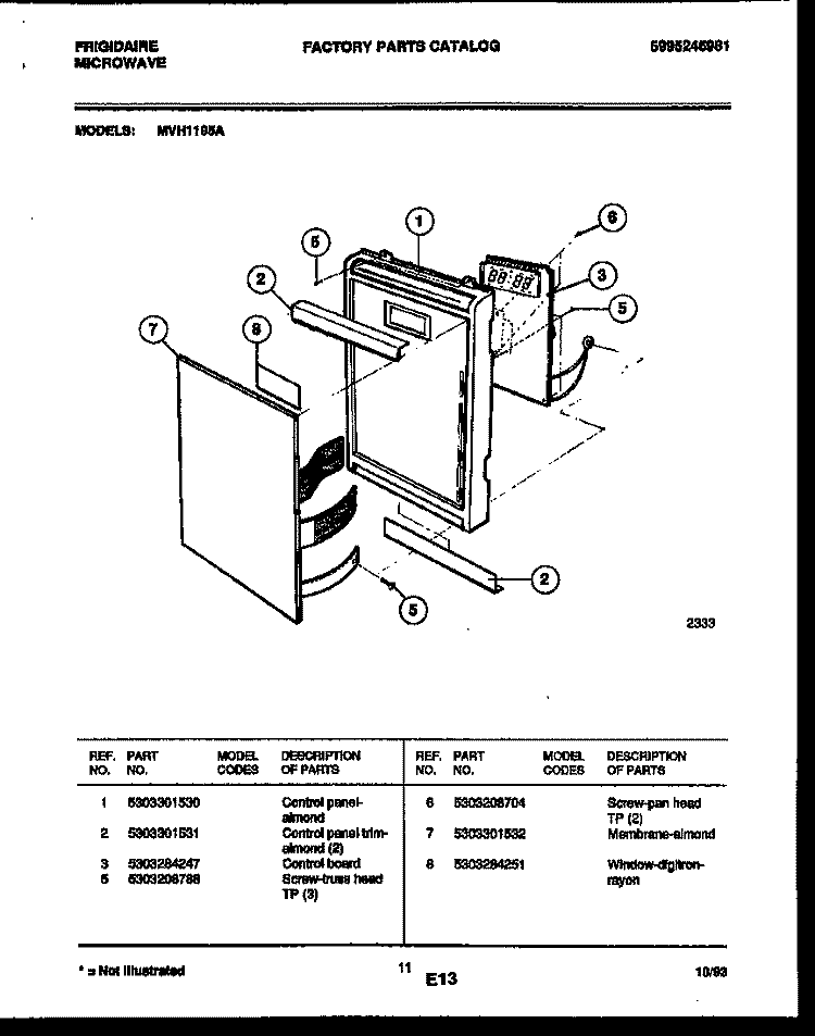 CONTROL PANEL Diagram and Parts List for MVH1195A  Frigidaire Microwave
