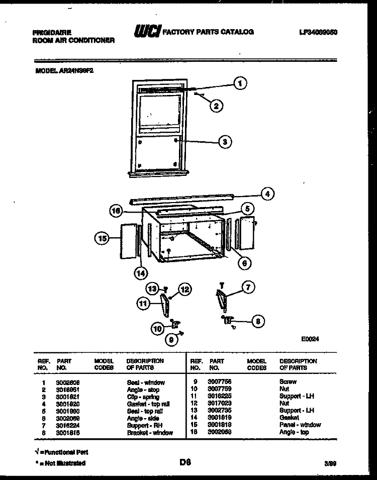 WINDOW MOUNTING PARTS Diagram and Parts List for AR24NS8F2  Frigidaire Air Conditioner