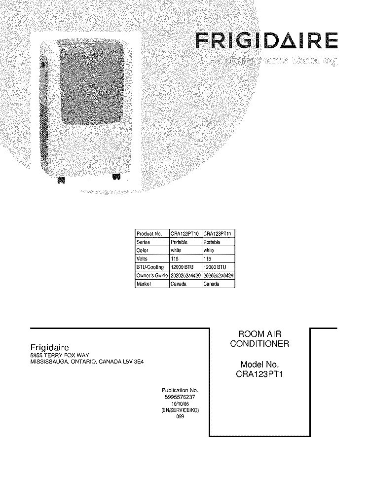 COVER Diagram and Parts List for CRA123PT11  Frigidaire Air Conditioner