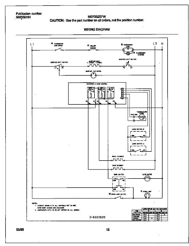 WIRING DIAGRAM Diagram and Parts List for MEF352SFWA  Frigidaire Range