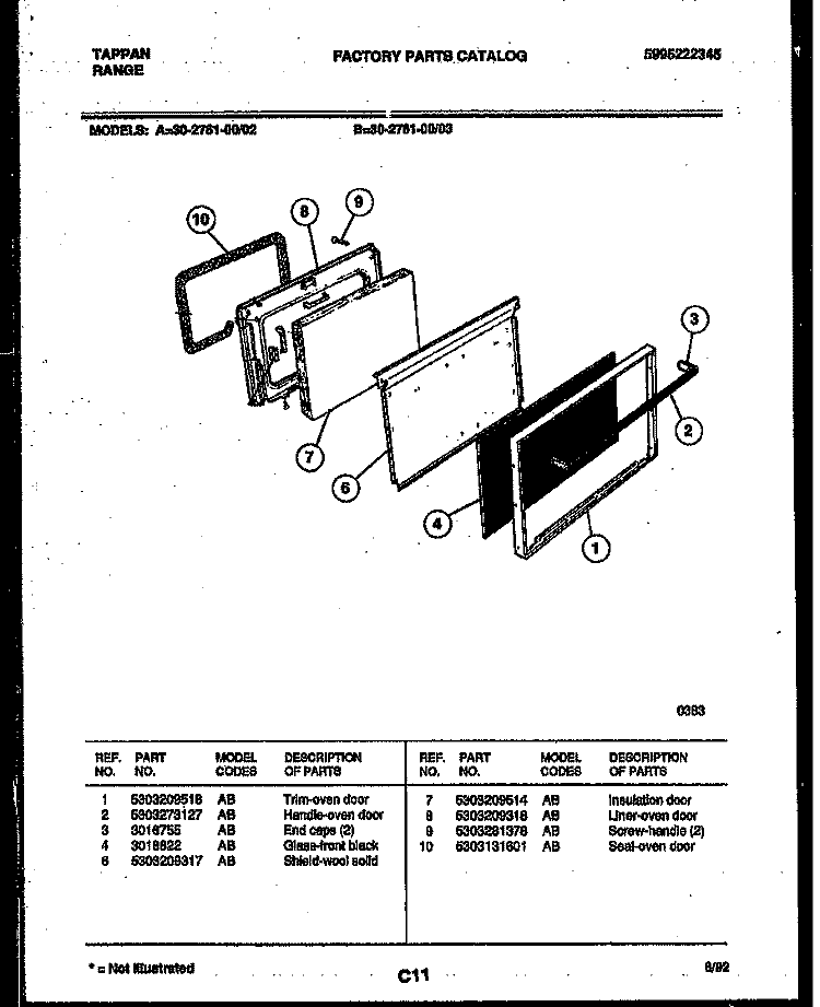 DOOR PARTS Diagram and Parts List for 30-2761-23-02  Tappan Range