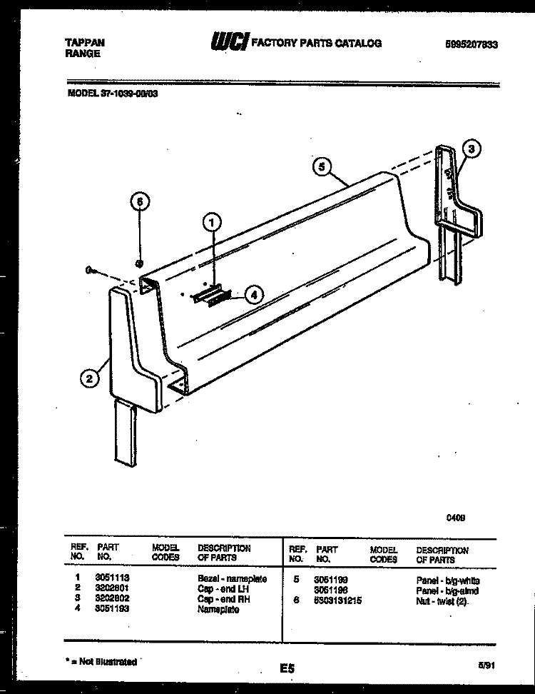 BACKGUARD Diagram and Parts List for 37-1039-00-03  Tappan Range