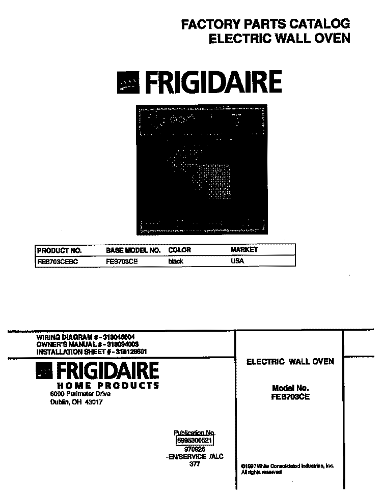COVER Diagram and Parts List for FEB703CEBC  Frigidaire Wall Oven