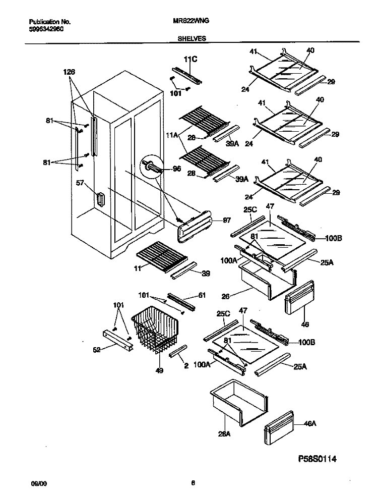 SHELVES Diagram and Parts List for MRS22WNGW7  Frigidaire Refrigerator