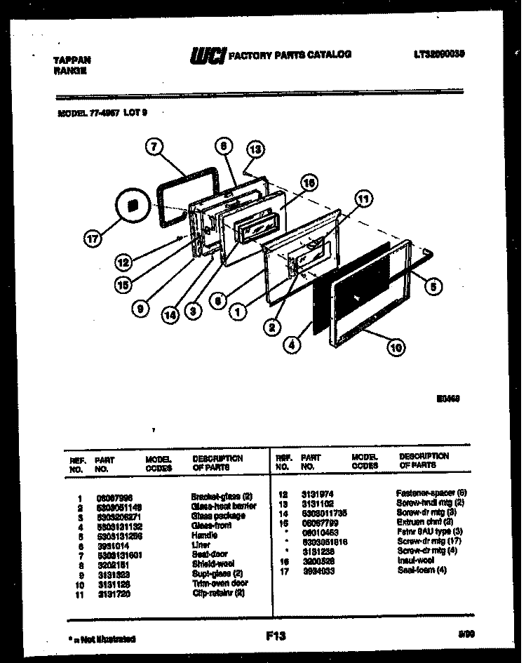 DOOR PARTS Diagram and Parts List for 77-4957-32-09  Tappan Range