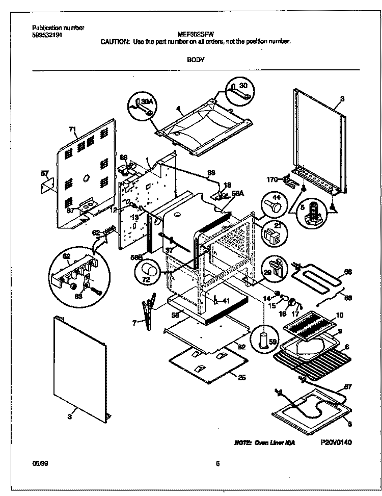 BODY Diagram and Parts List for MEF352SFWB  Frigidaire Range