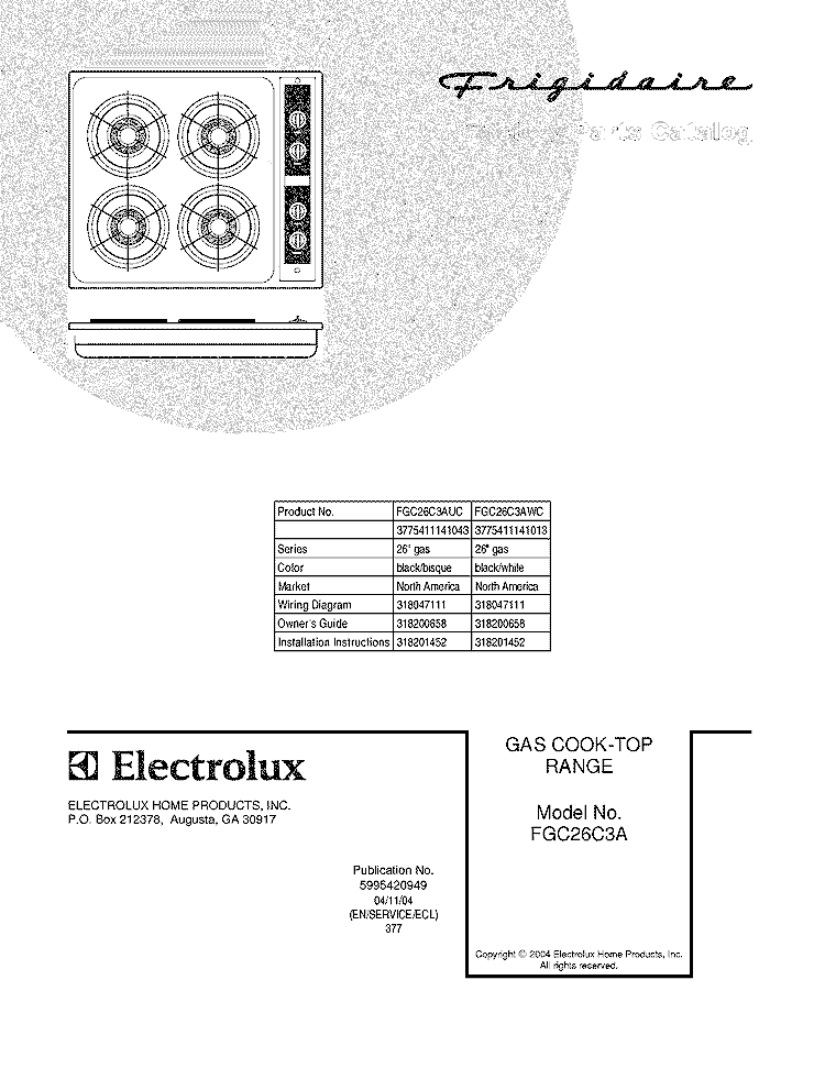 COVER Diagram and Parts List for FGC26C3AUC  Frigidaire Cooktop