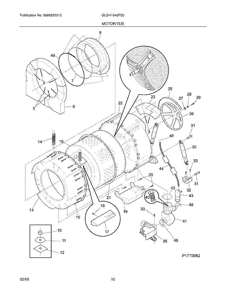 MOTOR/TUB Diagram and Parts List for GLGH1642FS3  Frigidaire Washer Dryer Combo