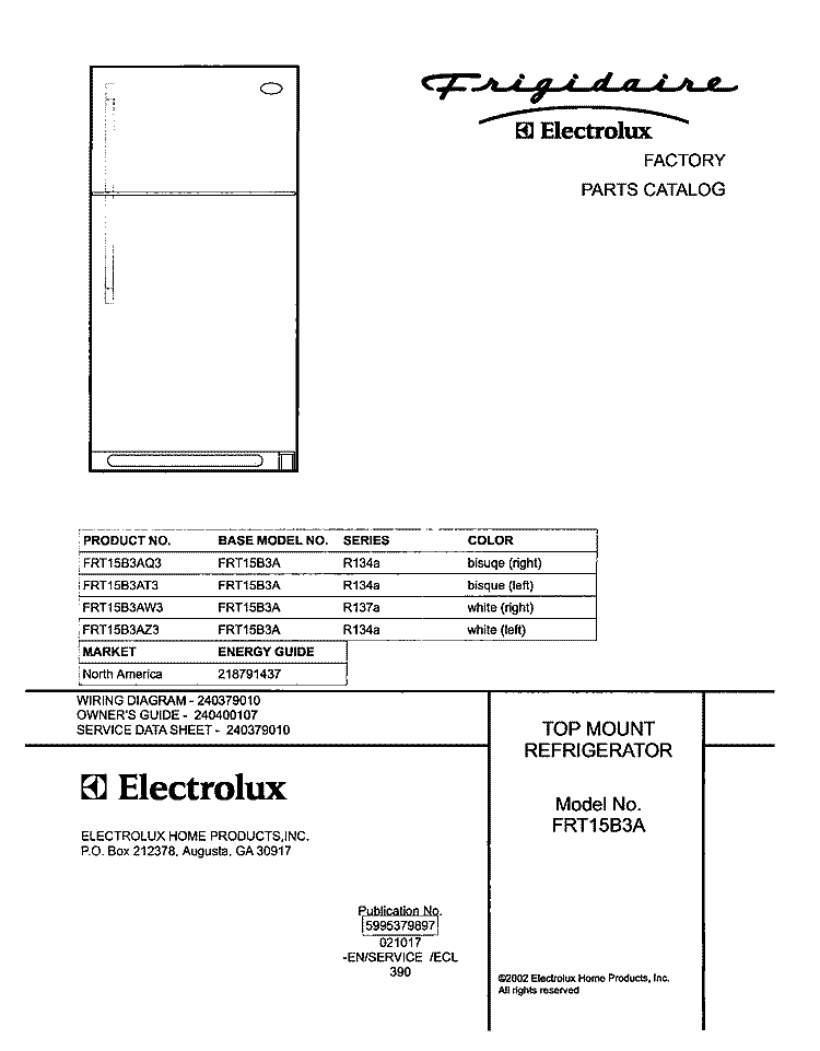 COVER Diagram and Parts List for FRT15B3AQ3  Frigidaire Refrigerator