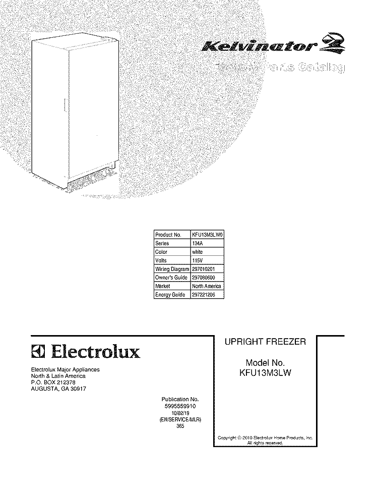 COVER Diagram and Parts List for KFU13M3LW0  Kelvinator Freezer