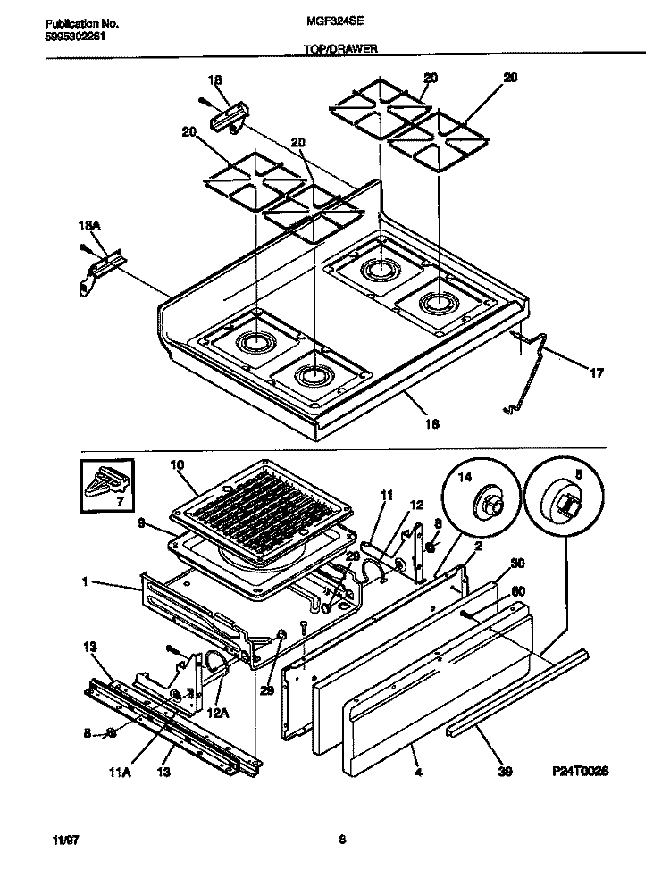 TOP / DRAWER Diagram and Parts List for MGF324SEWD  Frigidaire Range