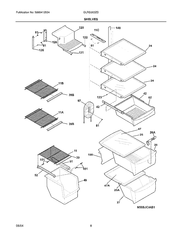 SHELVES Diagram and Parts List for GLRS263ZDW0  Frigidaire Refrigerator
