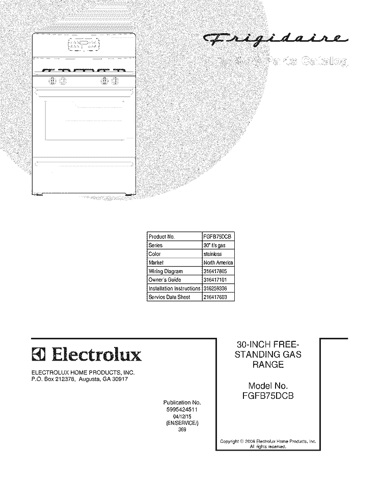 COVER Diagram and Parts List for FGFB75DCB  Frigidaire Range