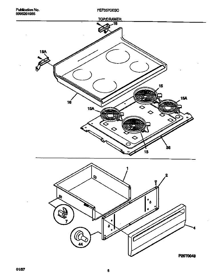 TOP / DRAWER Diagram and Parts List for FEF357CESC  Frigidaire Range