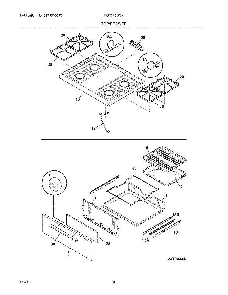 TOP / DRAWER Diagram and Parts List for FGF316DQX  Frigidaire Range