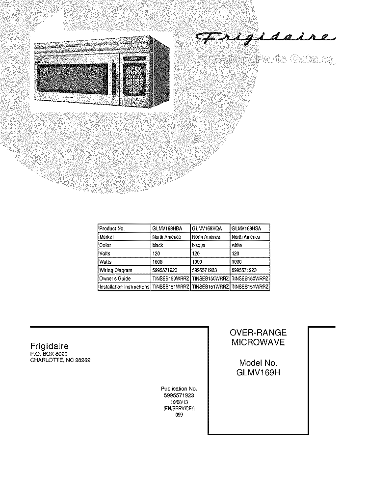 COVER Diagram and Parts List for GLMV169HBA  Frigidaire Microwave