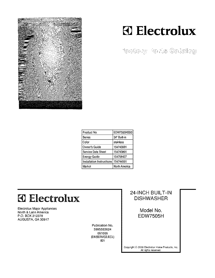 COVER Diagram and Parts List for EDW7505HSS0  Electrolux Dishwasher