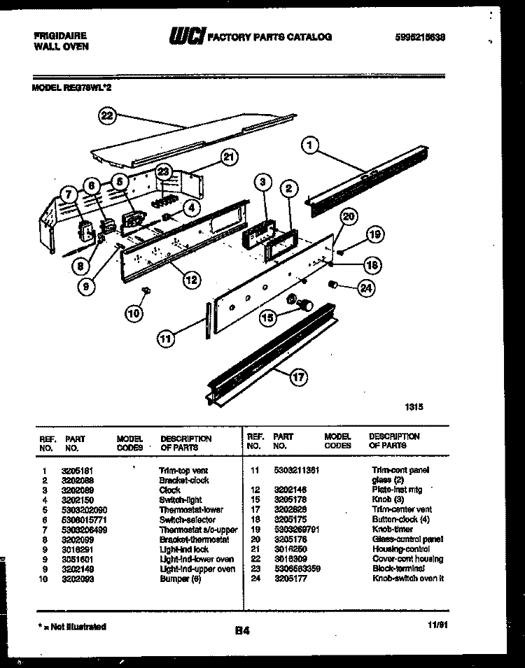 CONTROL PANEL Diagram and Parts List for REG78WL2  Frigidaire Wall Oven