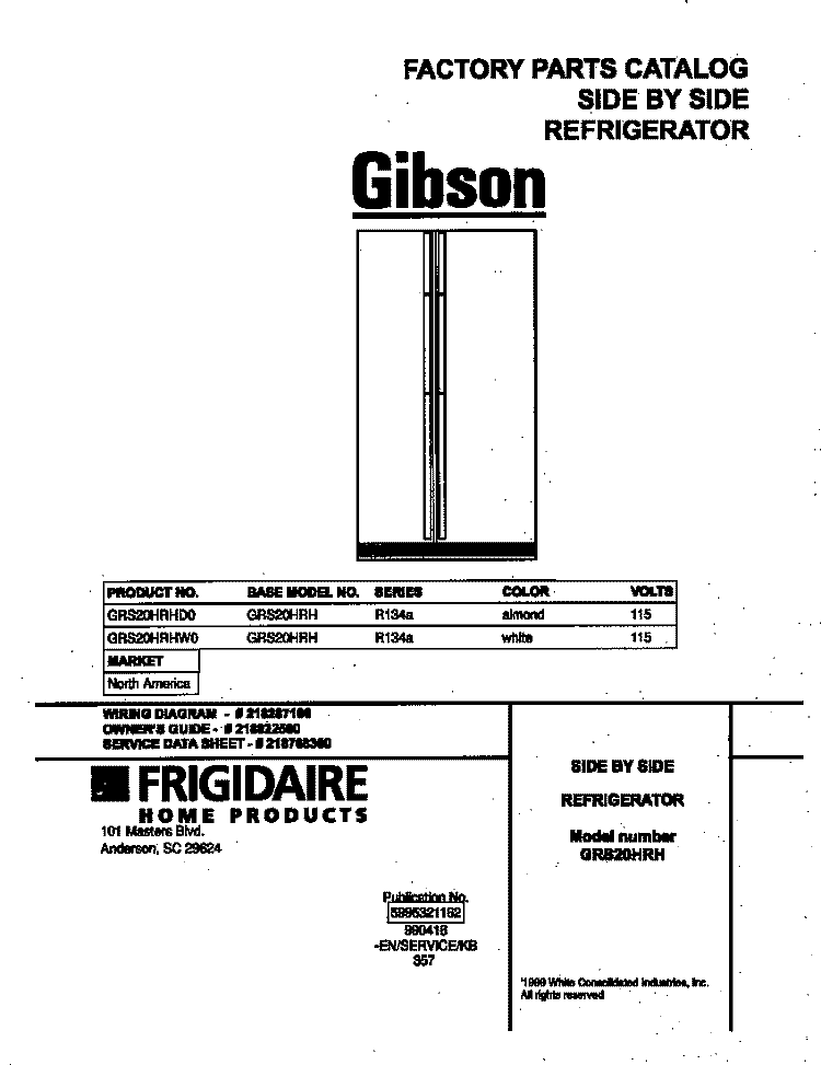 COVER Diagram and Parts List for GRS20HRHW0  Gibson Refrigerator