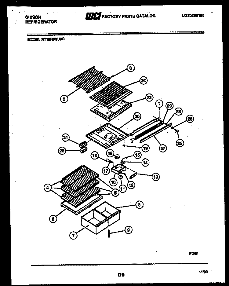 SHELVES AND SUPPORTS Diagram and Parts List for RT19F8WU3C  Gibson Refrigerator